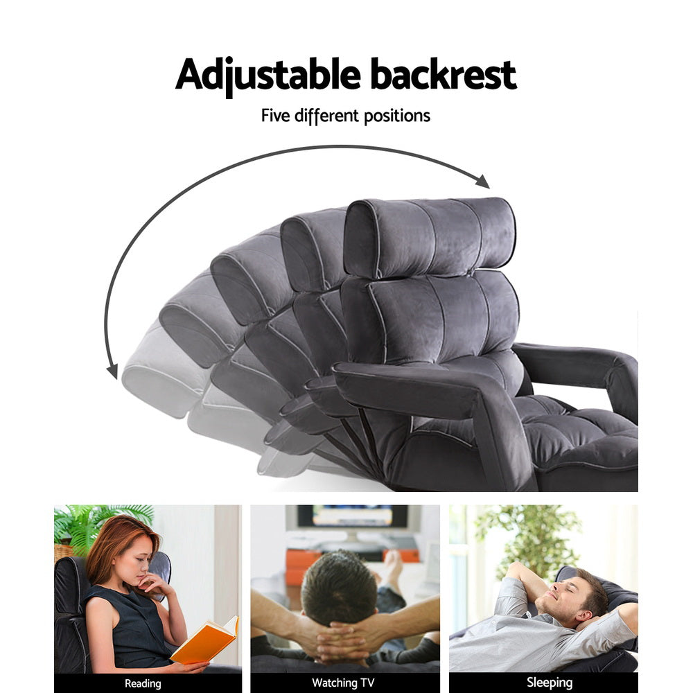 Top-down view of dark fabric floor lounger headrest cradling a person's head, text: Foldable headrest, For ultimate comfort