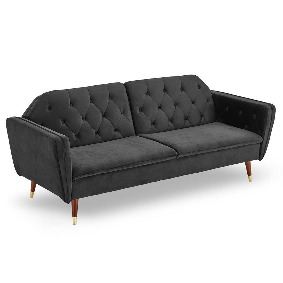 Black velvet tufted sofa bed with angled arms, button-tufted back and tapered walnut legs, front view