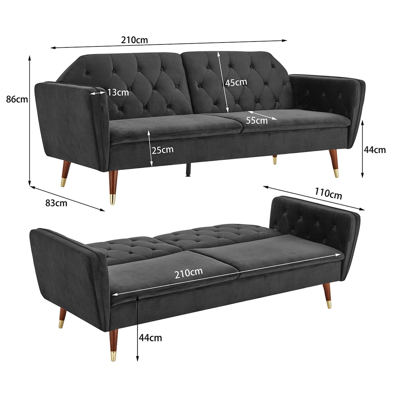 Dimensions diagram for dark grey velvet sofa bed: 210cm x 86cm x 83cm sofa, 210cm x 110cm x 44cm bed