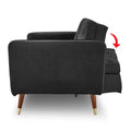 Side profile of dark grey velvet sofa bed showing adjustable backrest reclining mechanism with red arrow indicator