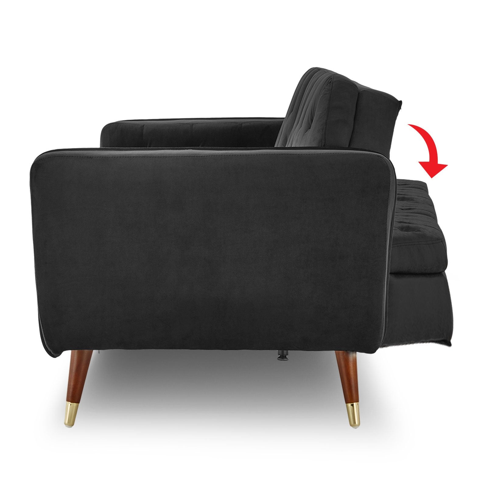 Side profile of dark grey velvet sofa bed showing adjustable backrest reclining mechanism with red arrow indicator