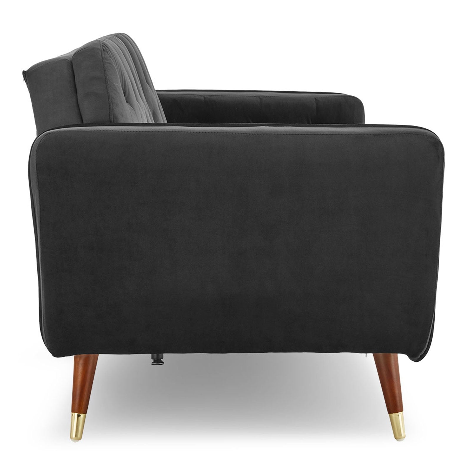Side profile of dark grey velvet tufted sofa bed showing angled arm and tapered walnut leg
