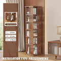 Dark wood rotating tower shelf in living room, dimensions panel: L 37cm, W 37cm, H 178cm, 360-degree rotation, freestanding