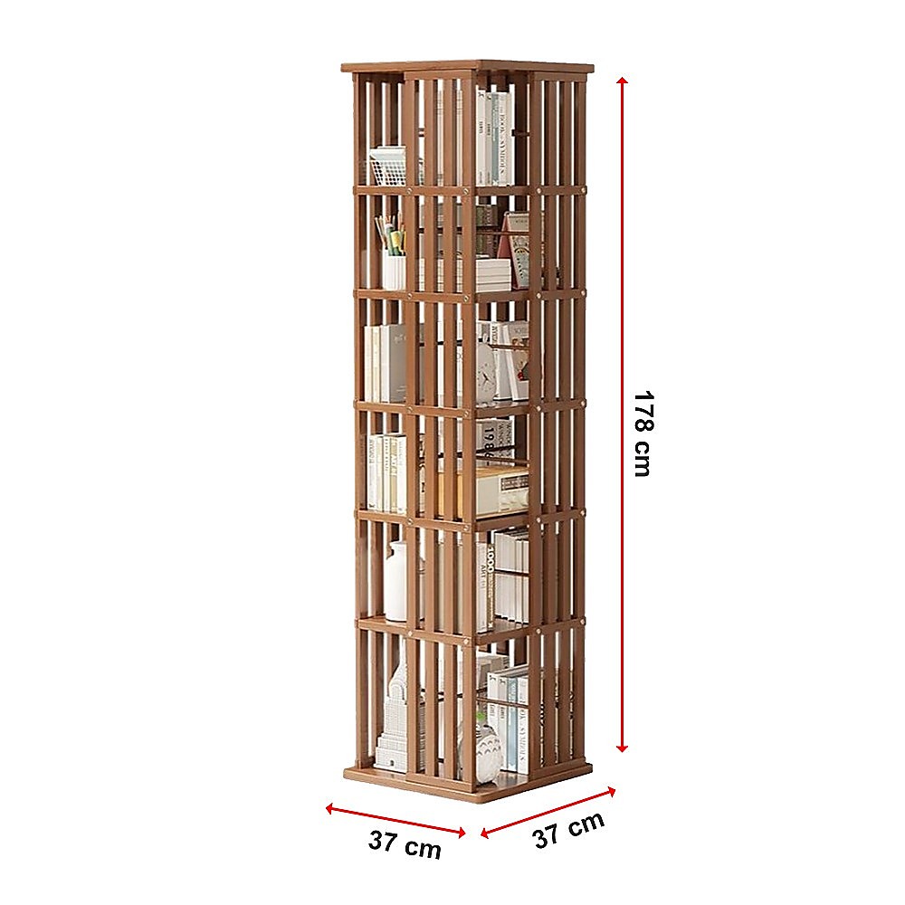 Dark wood rotating tower bookshelf filled with books, dimensions diagram: 37cm wide, 37cm deep, 178cm tall