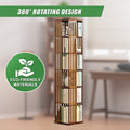 Dark wood rotating shelf with books in blurred home setting, text: 360-degree rotating design, Eco-Friendly Materials