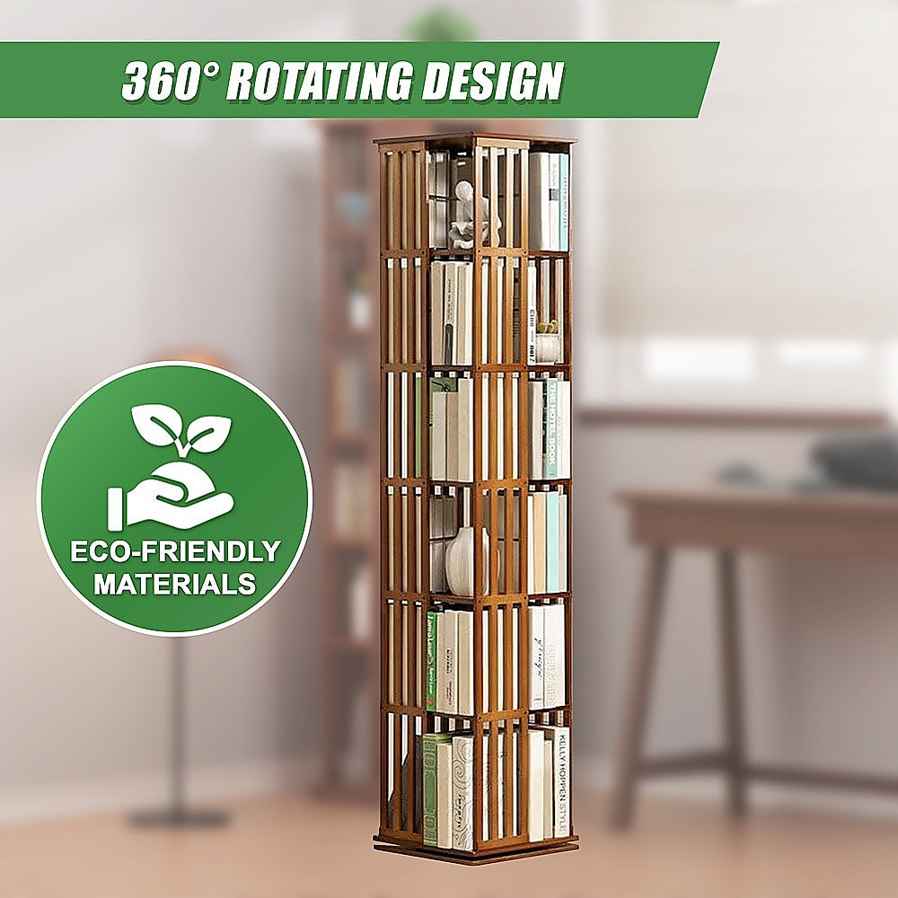 Dark wood rotating shelf with books in blurred home setting, text: 360-degree rotating design, Eco-Friendly Materials