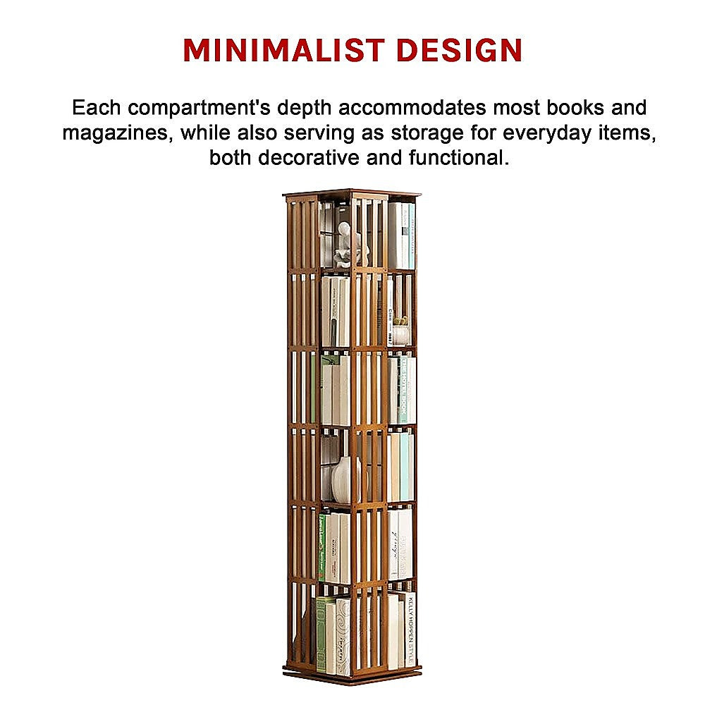 Dark wood rotating tower shelf with books, text: Minimalist Design, compartments fit most books and magazines