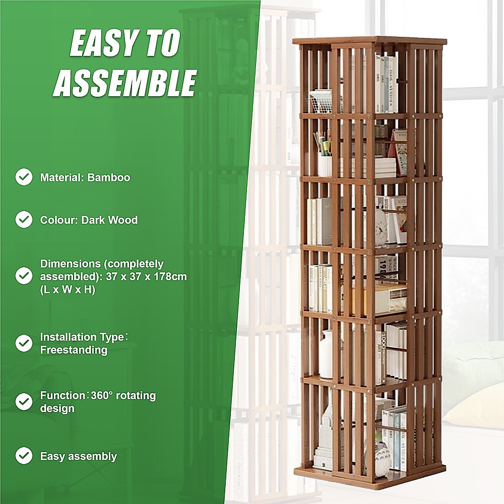 Dark wood bamboo rotating shelf specs: 37x37x178cm, bamboo material, dark wood, freestanding, 360-degree rotation