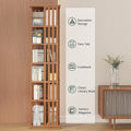 Dark wood rotating shelf filled with books, use-case icons: decoration, fairy tale, cookbook, literary work, fashion magazine