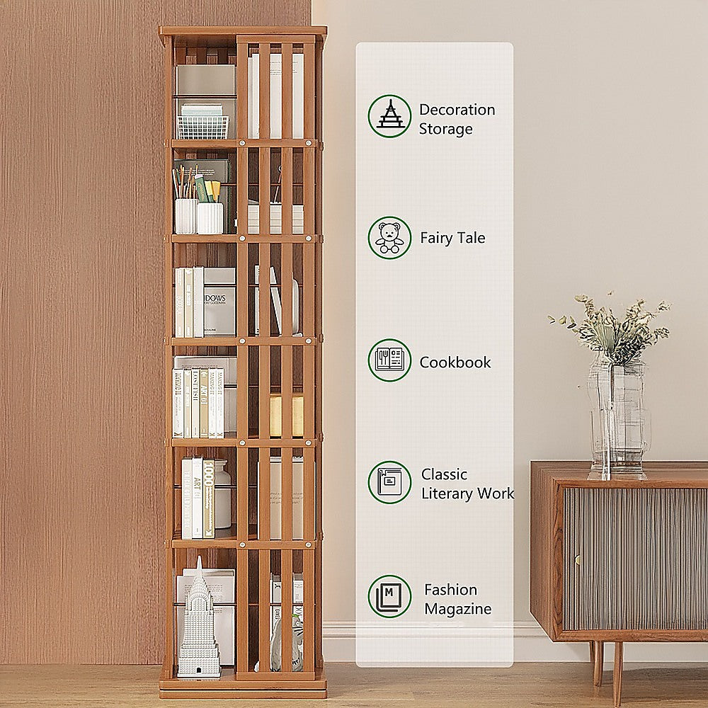 Dark wood rotating shelf filled with books, use-case icons: decoration, fairy tale, cookbook, literary work, fashion magazine
