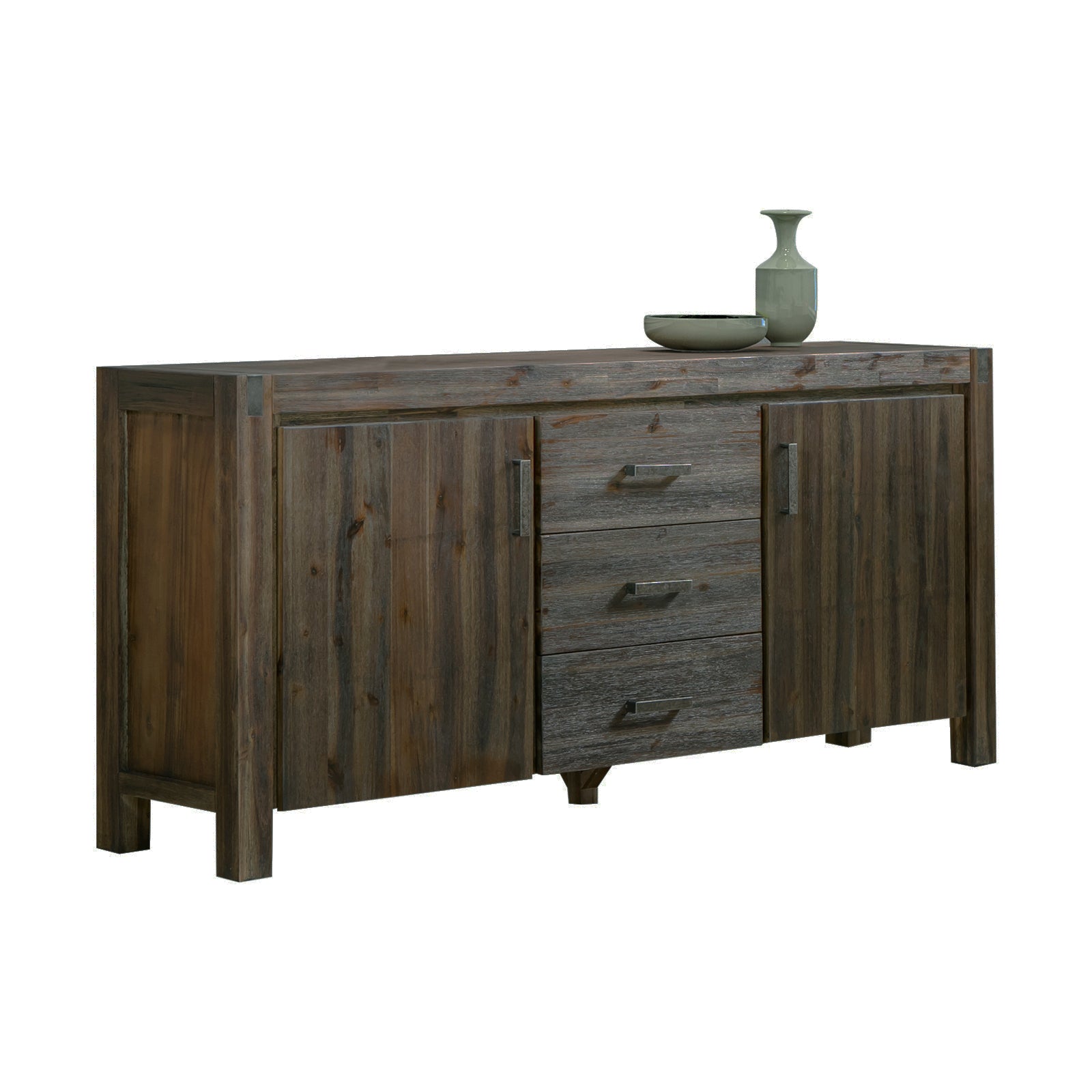 Dark grey rustic wood sideboard with two side doors and three centre drawers with metal pull handles on white background