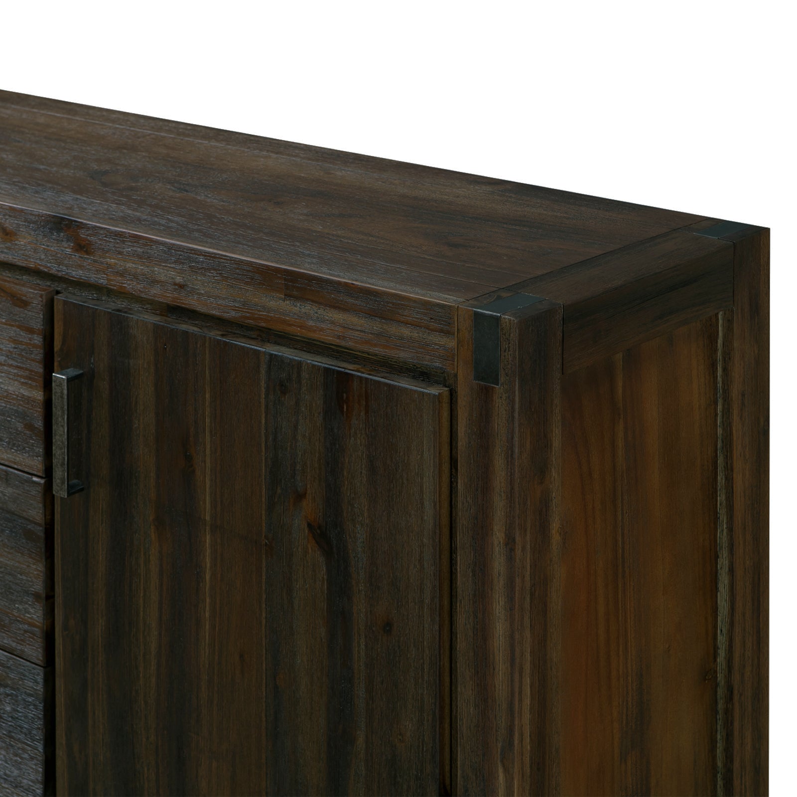 Close-up of dark walnut sideboard corner showing two doors with metal handles and metal corner bracket fittings