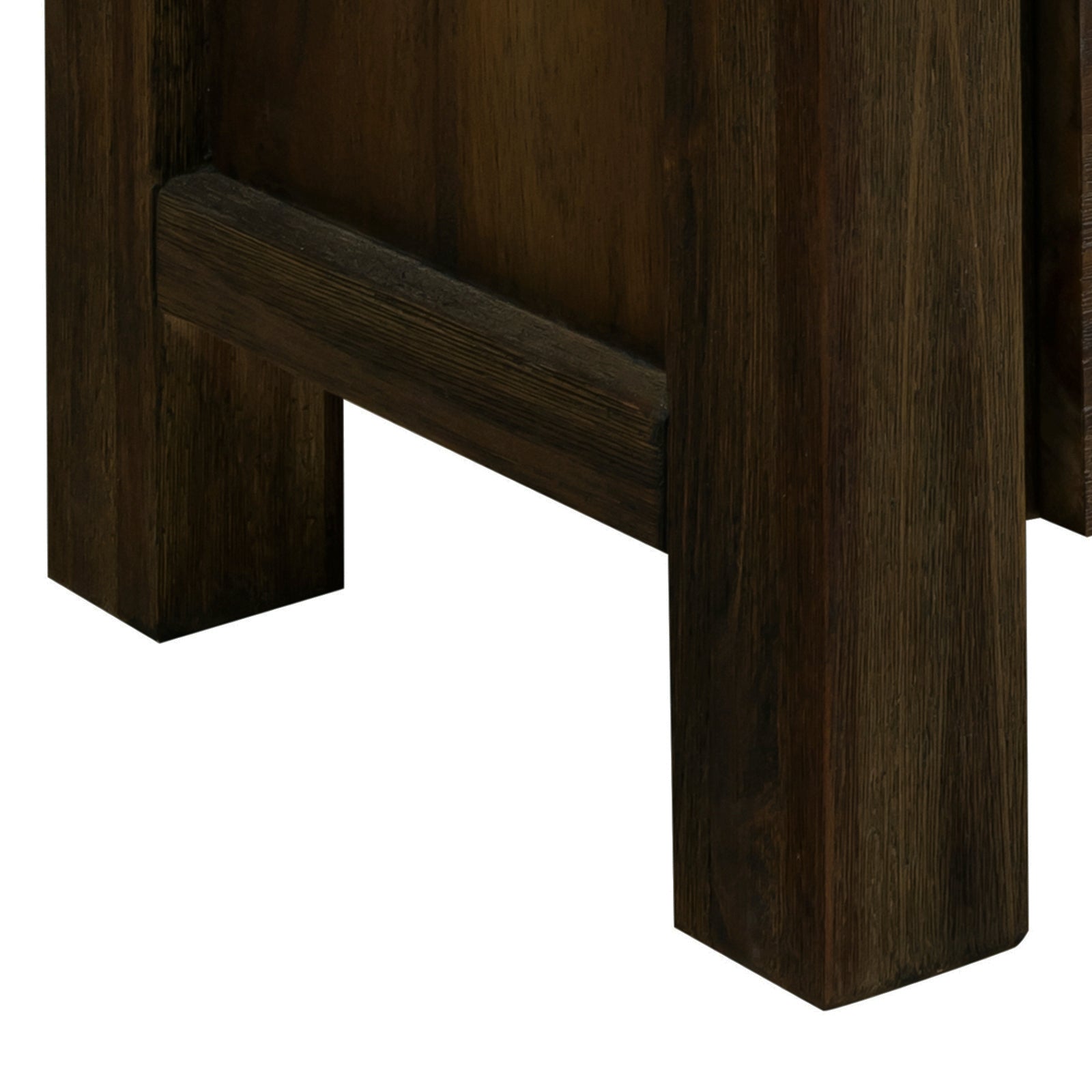 Close-up of dark wood sideboard base showing two chunky square legs with recessed horizontal rail between them