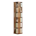 Dark wood slat rotating tower bookshelf filled with books and figurine, three-quarter angle on white background