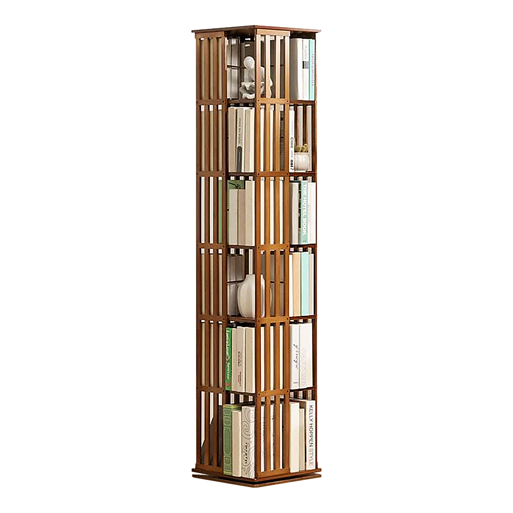 Dark wood slat rotating tower bookshelf filled with books and figurine, three-quarter angle on white background