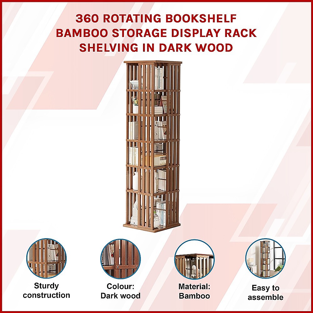 Dark wood bamboo rotating tower shelf features: sturdy construction, colour dark wood, material bamboo, easy to assemble