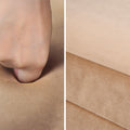 Split close-up showing a fist pressing into beige velvet upholstery on the left and a side-edge fabric texture view on the