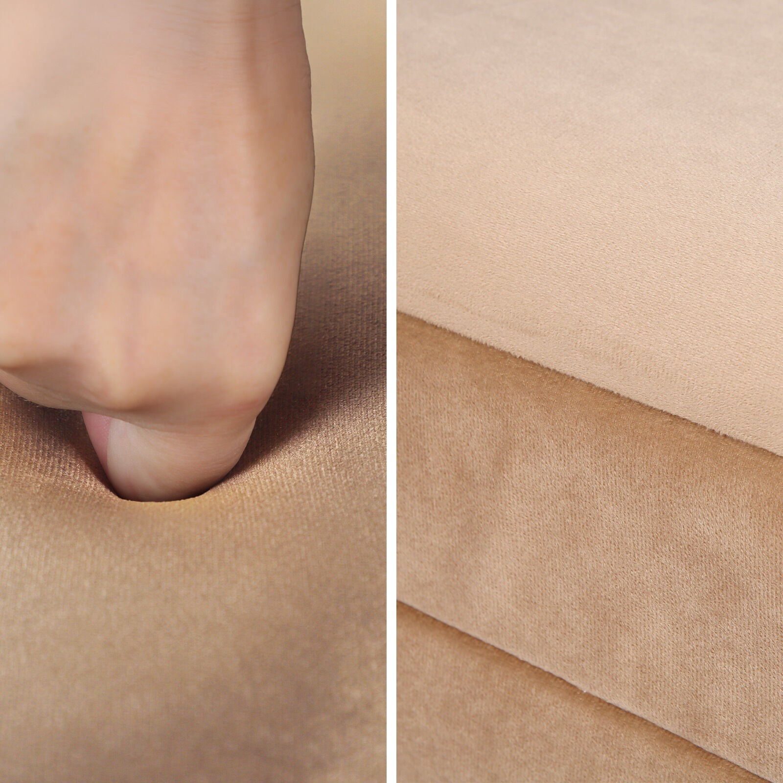 Split close-up showing a fist pressing into beige velvet upholstery on the left and a side-edge fabric texture view on the