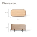 Dimension diagram of beige velvet storage ottoman: 90cm length wood tray top view and 44cm height front view with black