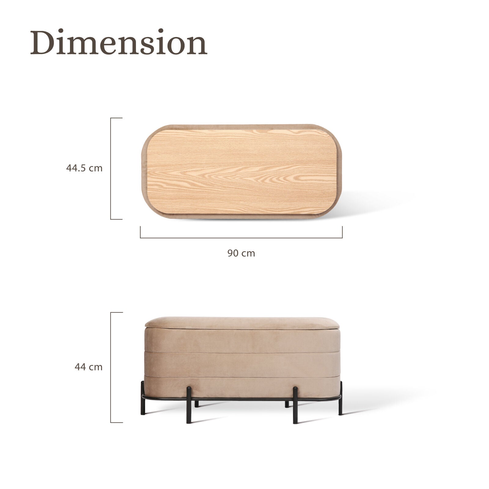 Dimension diagram of beige velvet storage ottoman: 90cm length wood tray top view and 44cm height front view with black
