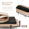 Beige velvet storage ottoman bench shown open with black interior compartments and folded flat on a black metal frame, with