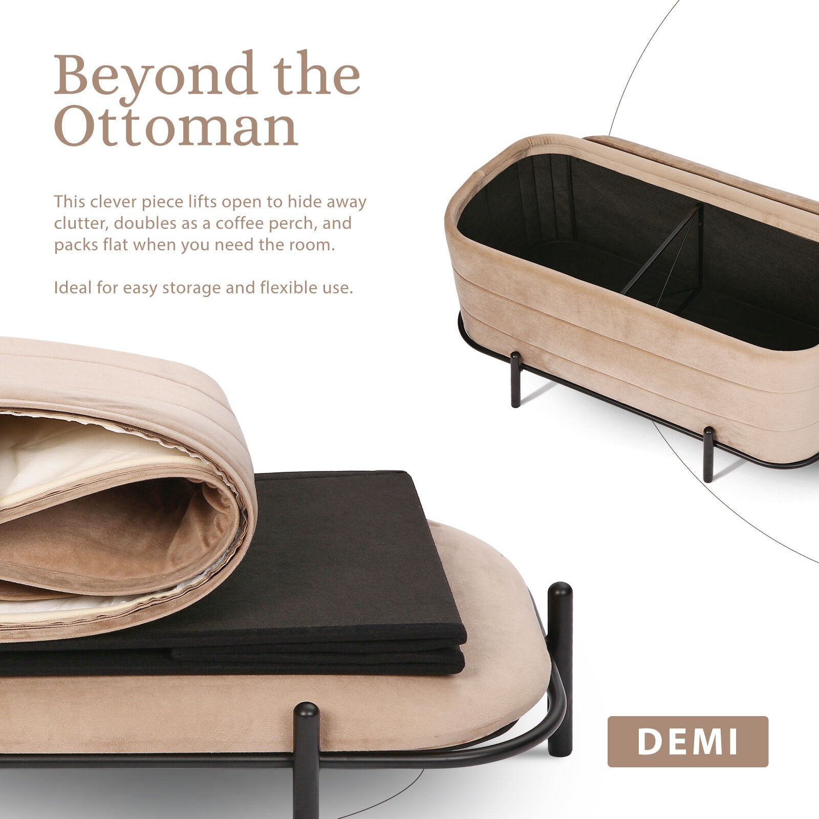 Beige velvet storage ottoman bench shown open with black interior compartments and folded flat on a black metal frame, with