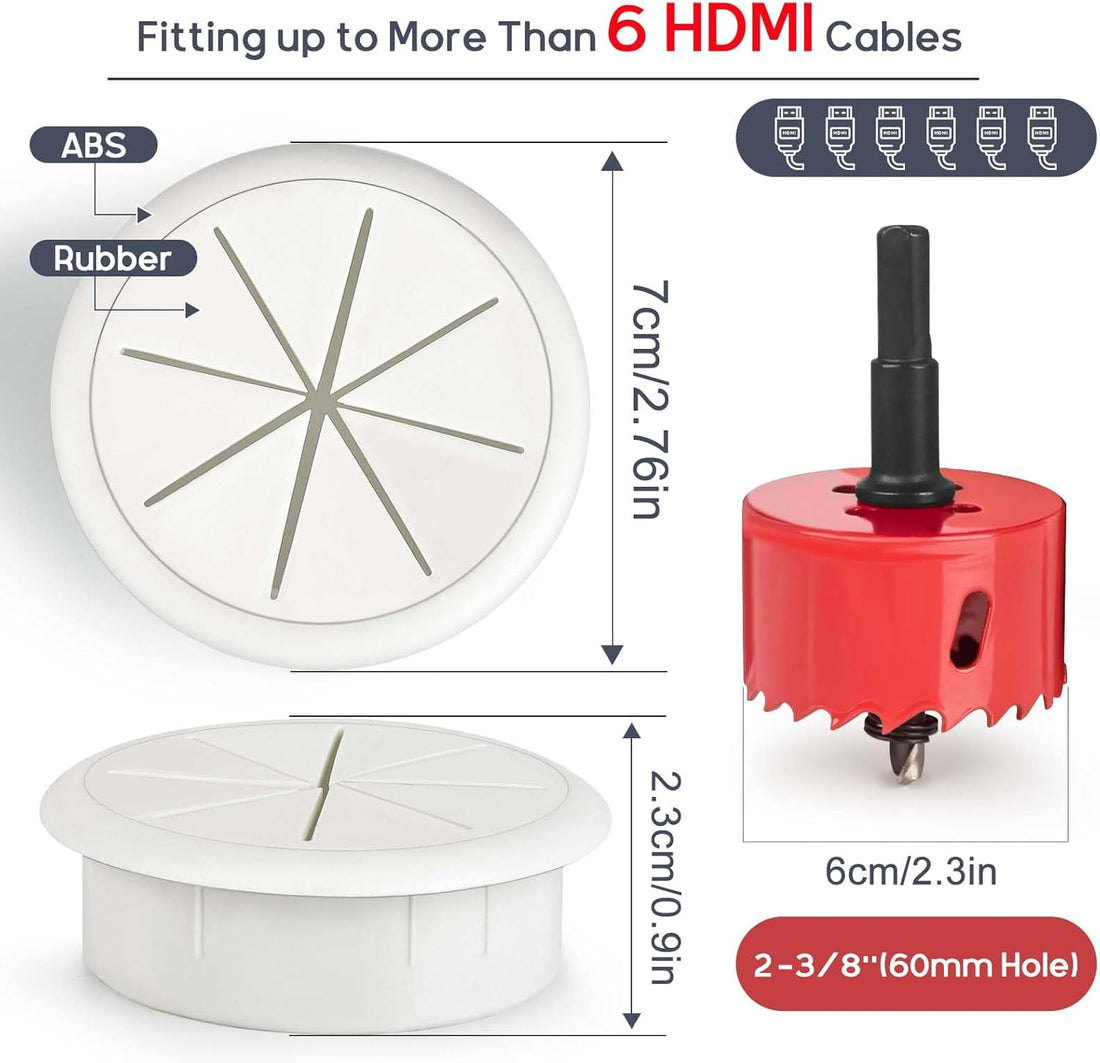 White 60mm desk cable grommet with rubber insert USB HDMI cables and red hole saw drill bit with four spare grommets