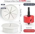 White cable grommet dimension diagram 7cm diameter 2.3cm depth fits 60mm hole fits 6 HDMI cables with red hole saw shown