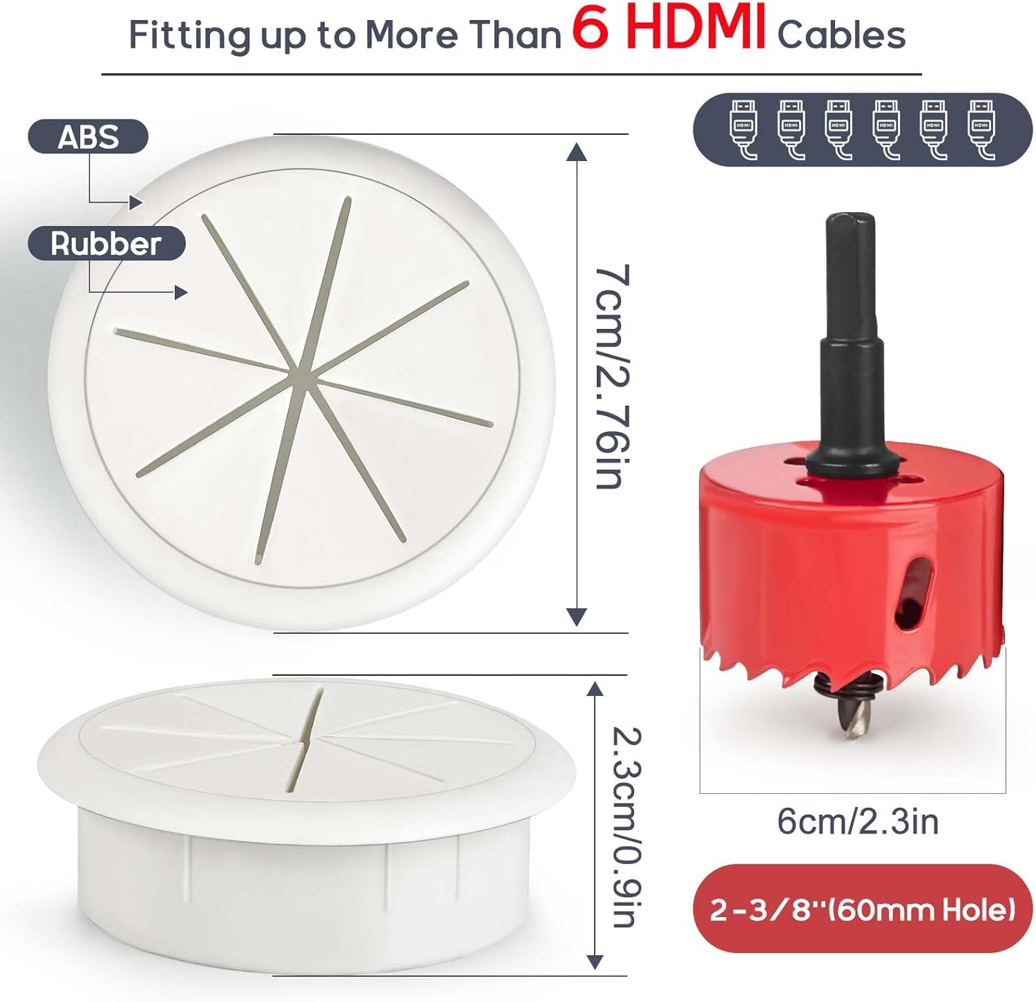 White cable grommet dimension diagram 7cm diameter 2.3cm depth fits 60mm hole fits 6 HDMI cables with red hole saw shown
