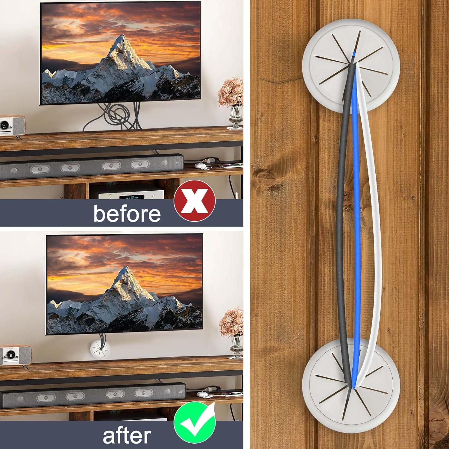 White cable grommet before and after showing messy TV cables versus cables neatly routed through two grommets in wall