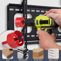 Red hole saw drill bit used with power drill on metal bracket compatible with wood stainless steel density and gypsum board