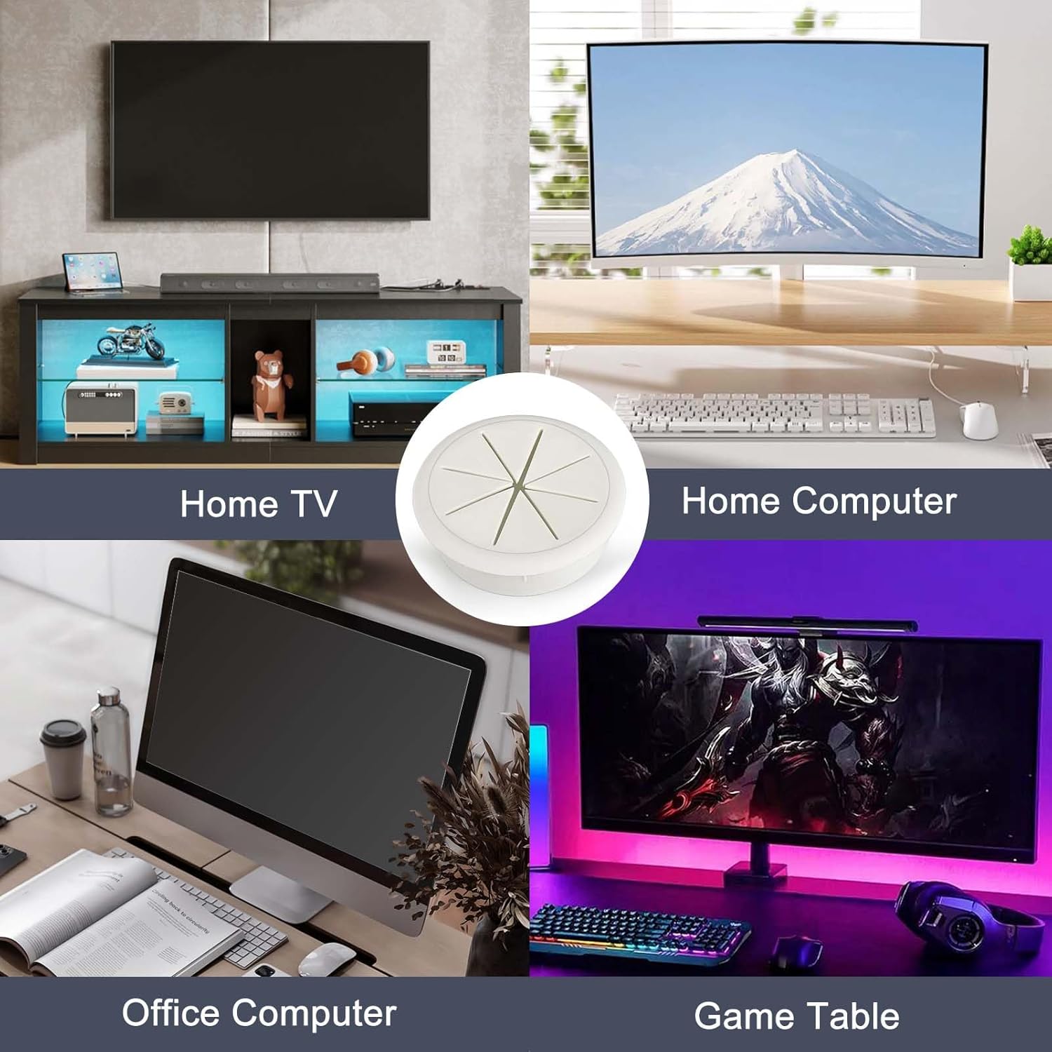 White cable grommet four-use infographic showing home TV home computer office computer and gaming table applications
