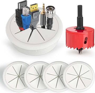 White 60mm desk cable grommet with rubber insert USB HDMI cables and red hole saw drill bit with four spare grommets