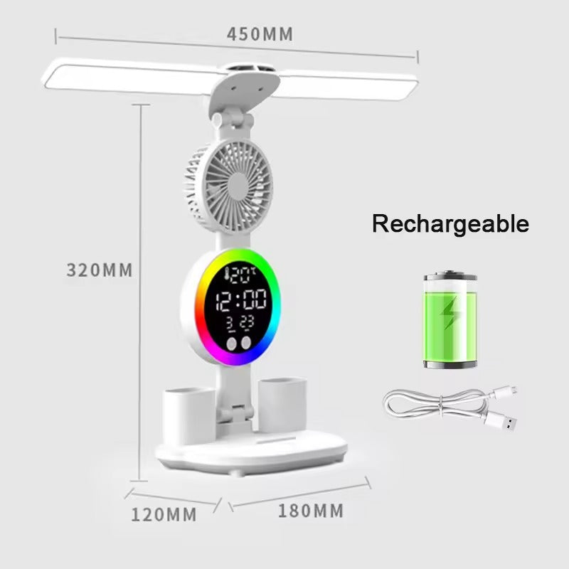 Desk fan clock organiser dimensions: 450mm width, 320mm height, 120x180mm base, rechargeable, RGB clock and USB cable shown