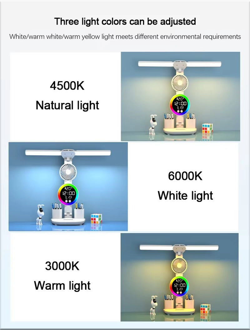 Desk lamp with fan and clock in 3 colour temperatures: 4500K natural light, 6000K white light and 3000K warm light