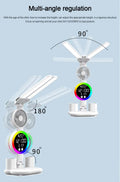 Desk lamp with fan and clock multi-angle diagram showing 90 degree lamp head, 180 degree arm and 90 degree base pivot