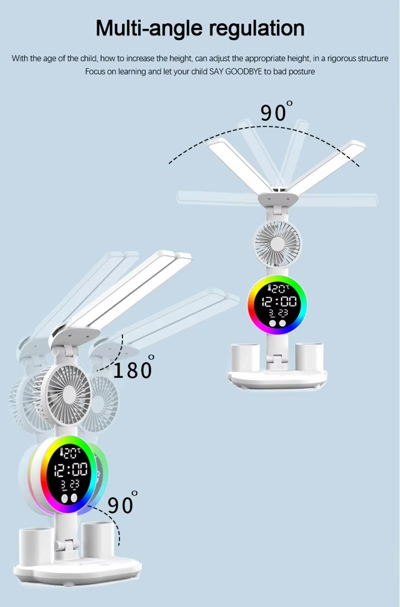 Desk lamp with fan and clock multi-angle diagram showing 90 degree lamp head, 180 degree arm and 90 degree base pivot