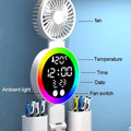 Desk lamp fan unit with labelled features: fan, temperature, time, date, ambient light ring and fan switch controls