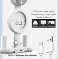 Desk lamp fan unit rear showing Type-C port with text USB device power supply powered by socket computer or powerbank