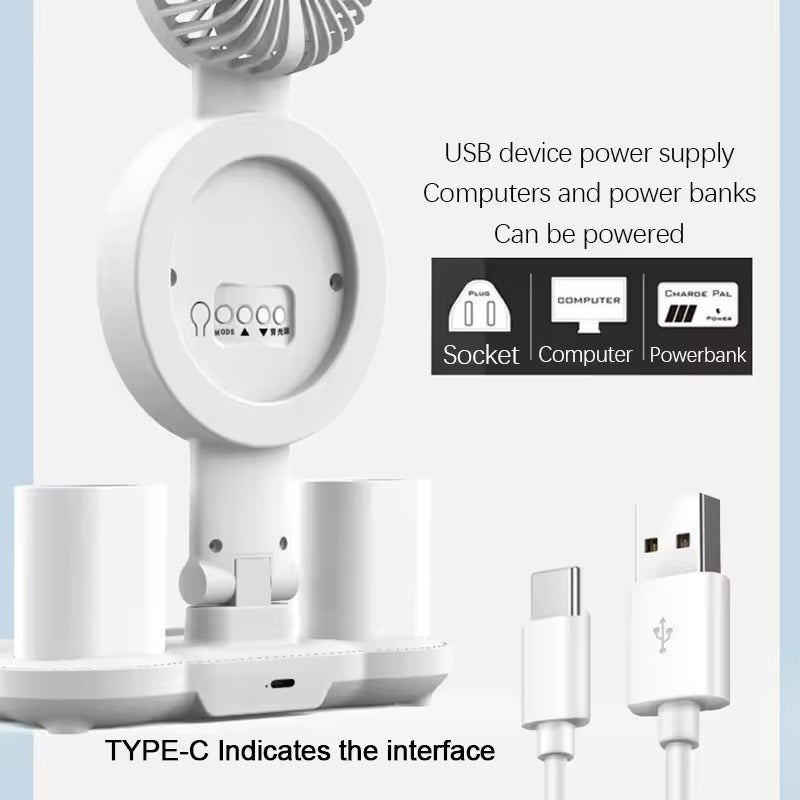 Desk lamp fan unit rear showing Type-C port with text USB device power supply powered by socket computer or powerbank