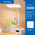 Desk lamp with organizer lit up, specs panel shows 3000mAh battery, stepless dimming, three-colour switching, cyclic charging