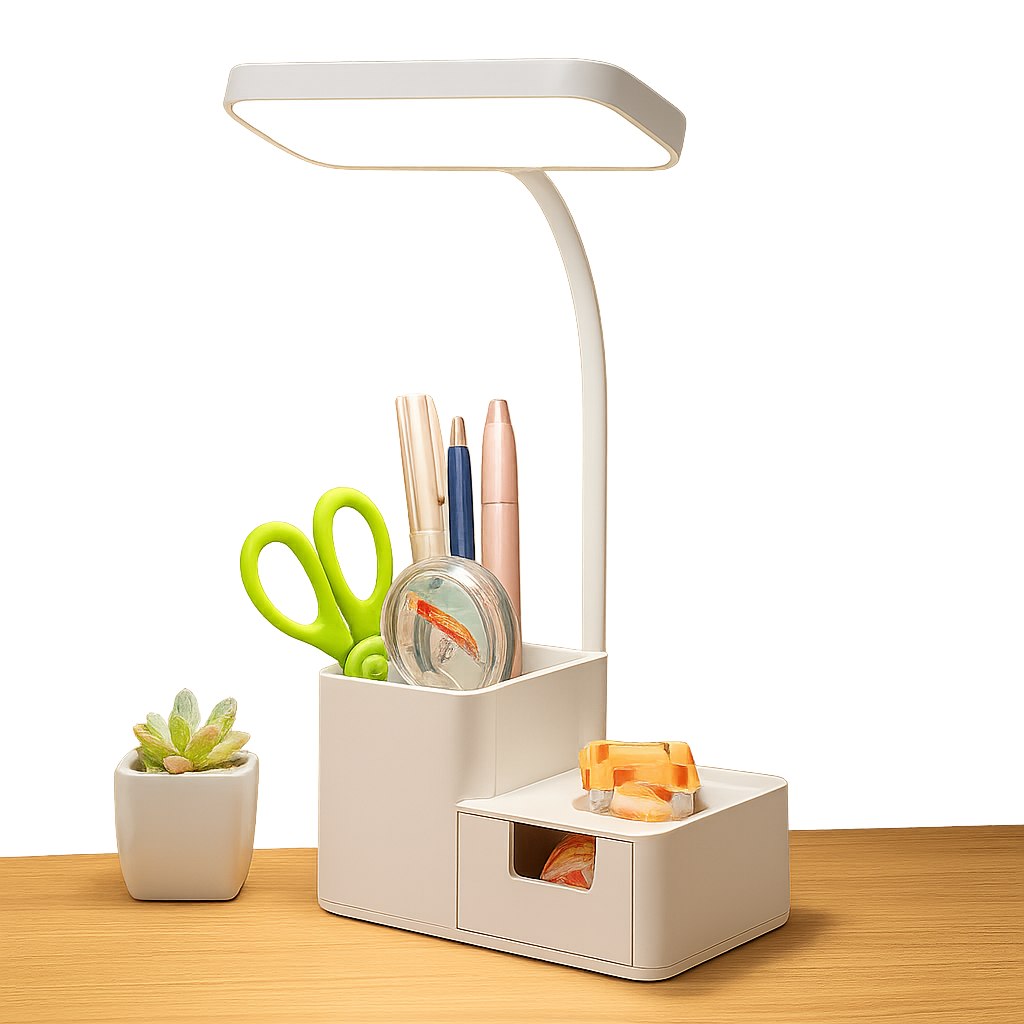 White flexible neck desk lamp with organizer base holding pens and scissors, shelf and drawer, succulent plant beside it