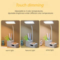 Desk lamp touch dimming infographic showing three colour modes side by side: warm light, natural light and white light