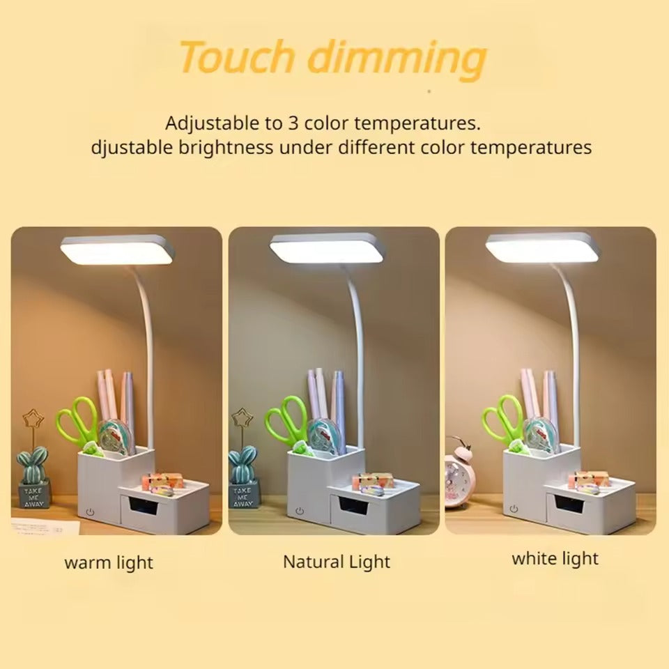 Desk lamp touch dimming infographic showing three colour modes side by side: warm light, natural light and white light