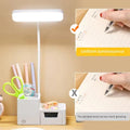 Desk lamp glowing on organiser base with uniform luminescence comparison showing clear writing versus old lamp ghosting