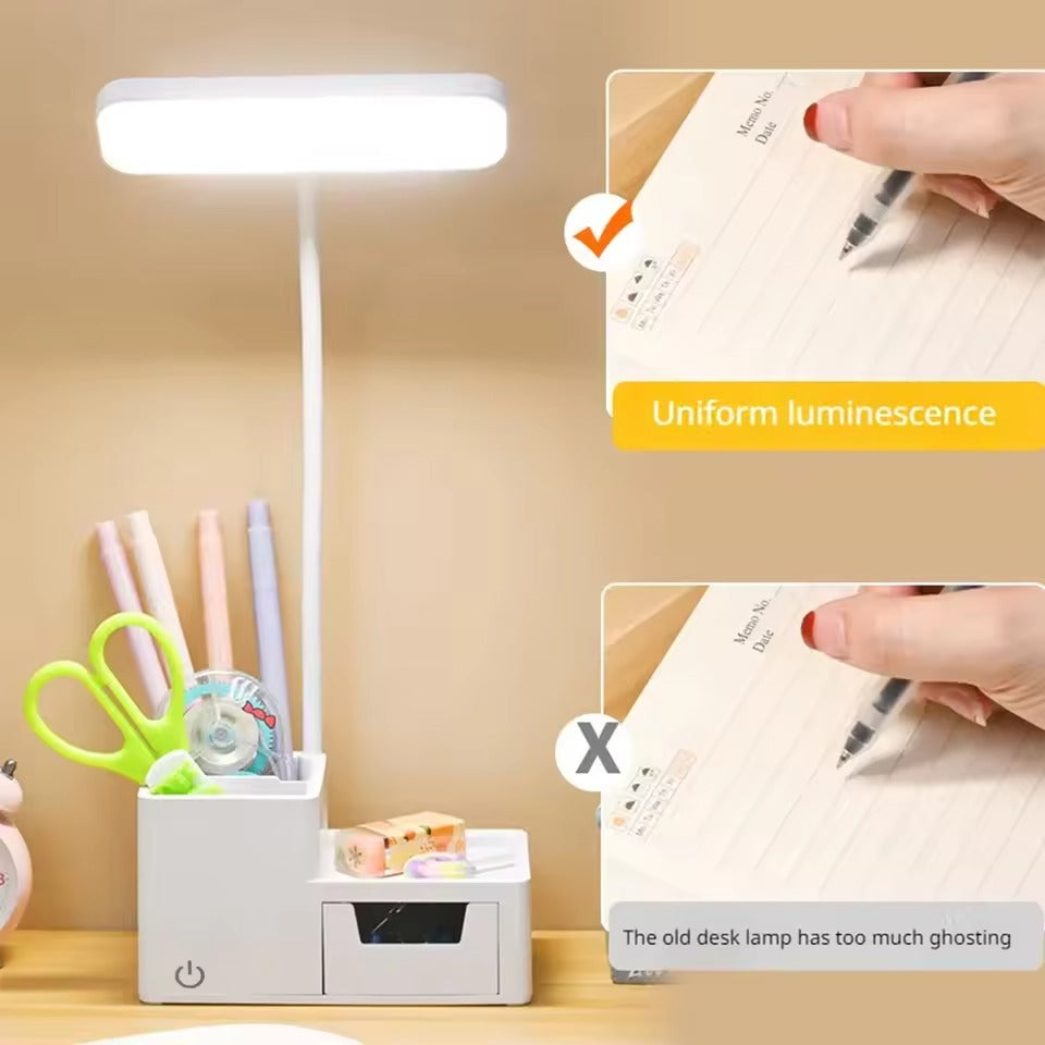 Desk lamp glowing on organiser base with uniform luminescence comparison showing clear writing versus old lamp ghosting