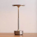 Silver slim-stem table lamp with flat disc shade on wooden surface, knurled stem and USB-C port on round base
