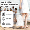 Person in white dress holding translucent drawstring shoe bag on beach with travel storage helper feature icons