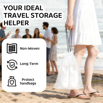Person in white dress holding translucent drawstring shoe bag on beach with travel storage helper feature icons