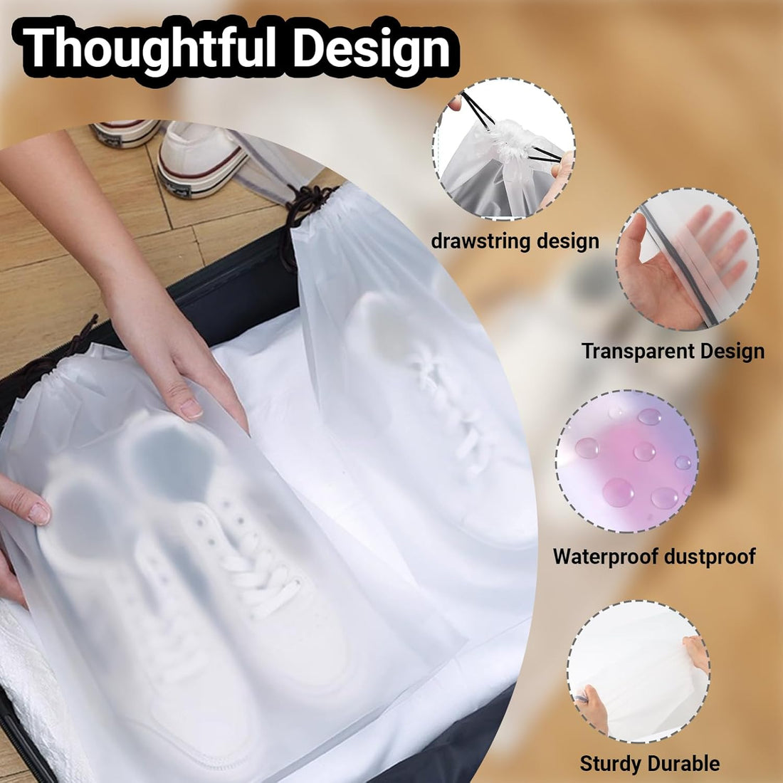 Person in white dress holding translucent drawstring shoe bag on beach with travel storage helper feature icons